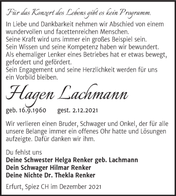 Traueranzeige von Hagen Lachmann von Trauerkombi Zeitz