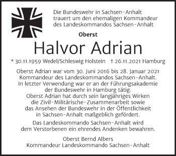 Traueranzeige von Halvor Adrian von Mitteldeutsche Zeitung Halle/Saalkreis