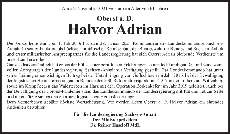  Traueranzeige für Halvor Adrian vom 04.12.2021 aus Mitteldeutsche Zeitung Gesamt Sachsen-Anhalt Süd