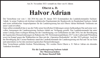 Traueranzeige von Halvor Adrian von Mitteldeutsche Zeitung Gesamt Sachsen-Anhalt Süd