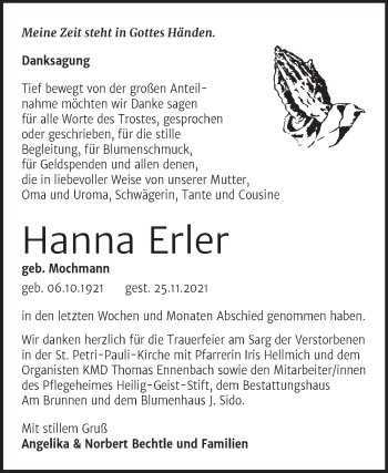 Traueranzeige von Hanna Erler von Trauerkombi Mansfelder Land