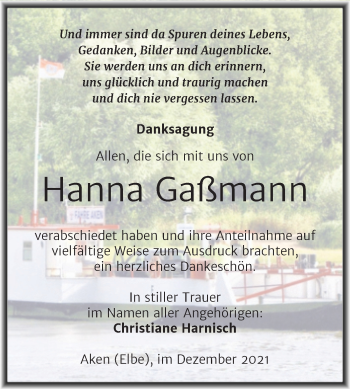 Traueranzeige von Hanna Gaßmann von Trauerkombi Köthen