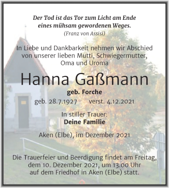 Traueranzeige von Hanna Gaßmann von Mitteldeutsche Zeitung Köthen