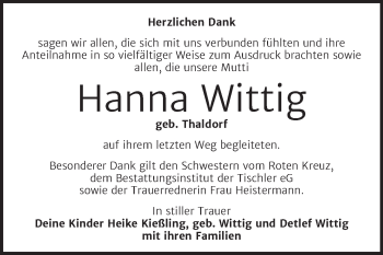 Traueranzeige von Hanna Wittig von Trauerkombi Wittenberg