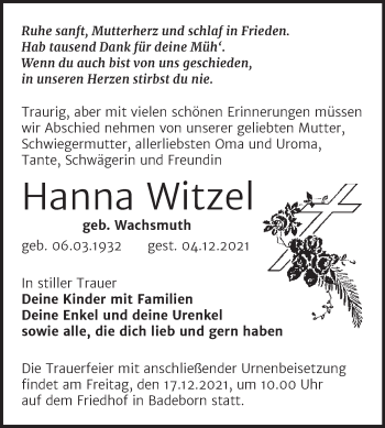 Traueranzeige von Hanna Witzel von Trauerkombi Quedlinburg