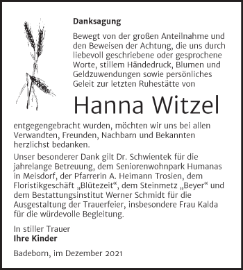 Traueranzeige von Hanna Witzel von Trauerkombi Quedlinburg