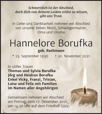 Traueranzeige von Hannelore Borufka von Mitteldeutsche Zeitung Halle/Saalkreis