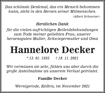 Traueranzeige von Hannelore Decker von Mitteldeutsche Zeitung Sangerhausen