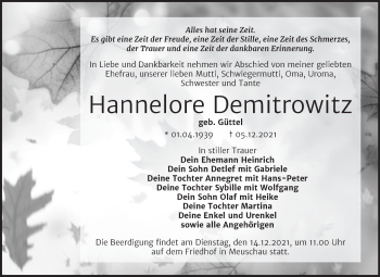 Traueranzeige von Hannelore Demitrowitz von Trauerkombi Merseburg