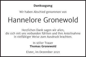 Traueranzeige von Hannelore Gronewold von Trauerkombi Wittenberg