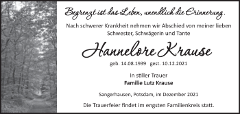 Traueranzeige von Hannelore Krause von Mitteldeutsche Zeitung Sangerhausen