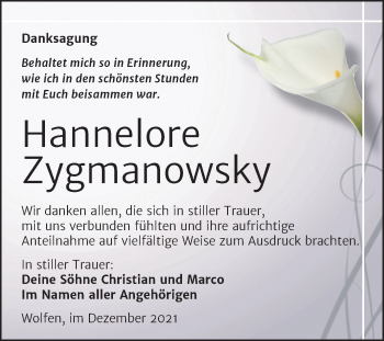Traueranzeige von Hannelore Zygmanowsky von Trauerkombi Bitterfeld