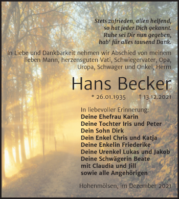 Traueranzeige von Hans Becker von Trauerkombi Weißenfels