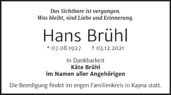 Traueranzeige von Hans Brühl von Trauerkombi Zeitz