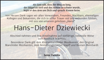 Traueranzeige von Hans-Dieter Dziewiecki von Trauerkombi Mansfelder Land