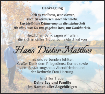 Traueranzeige von Hans-Dieter Matthes von Trauerkombi Merseburg