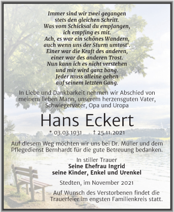 Traueranzeige von Hans Eckert von Trauerkombi Mansfelder Land