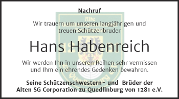 Traueranzeige von Hans Habenreich von Super Sonntag Quedlingburg