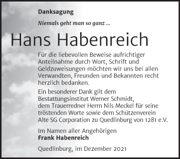 Traueranzeige von Hans Habenreich von Trauerkombi Quedlinburg