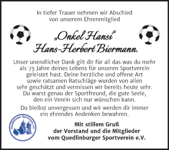 Traueranzeige von Hans-Herbert Biermann von Trauerkombi Quedlinburg