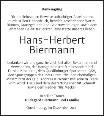 Traueranzeige von Hans-Herbert Biermann von Trauerkombi Quedlinburg