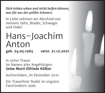 Traueranzeige von Hans-Joachim Anton von Trauerkombi Aschersleben