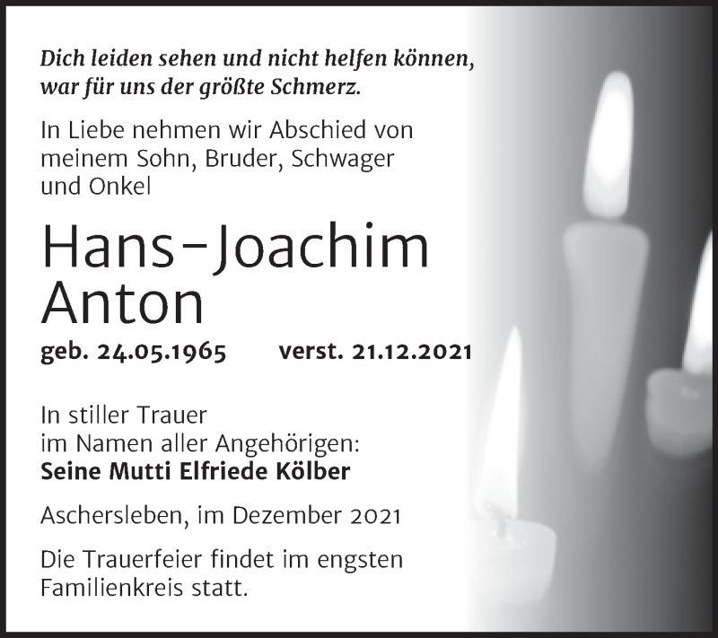  Traueranzeige für Hans-Joachim Anton vom 29.12.2021 aus Trauerkombi Aschersleben