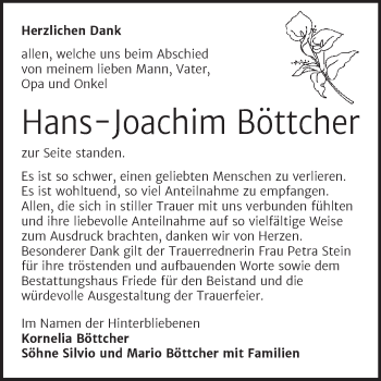 Traueranzeige von Hans-Joachim Böttcher von Trauerkombi Dessau