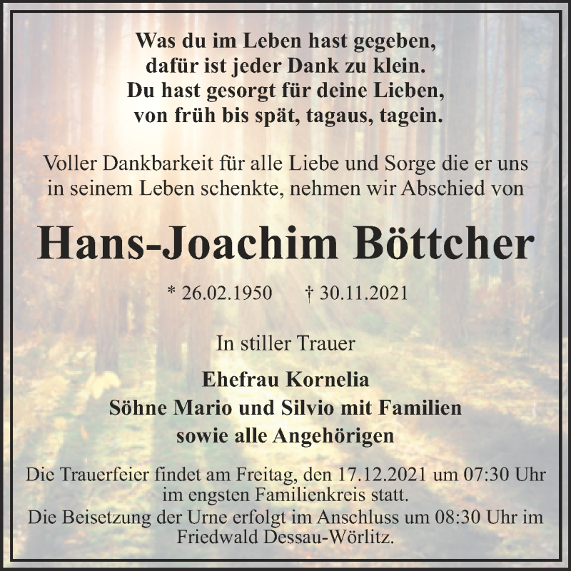  Traueranzeige für Hans-Joachim Böttcher vom 11.12.2021 aus Trauerkombi Dessau
