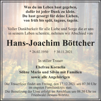 Traueranzeige von Hans-Joachim Böttcher von Trauerkombi Dessau