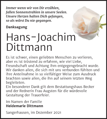 Traueranzeige von Hans-Joachim Dittmann von Trauerkombi Sangerhausen