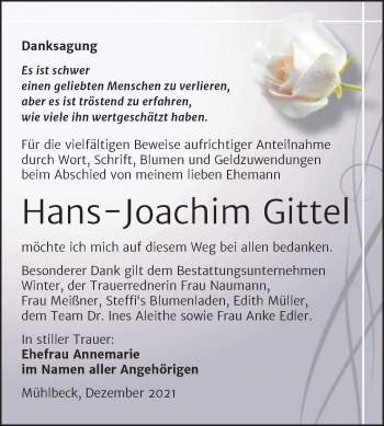 Traueranzeige von Hans-Joachim Gittel von Trauerkombi Bitterfeld