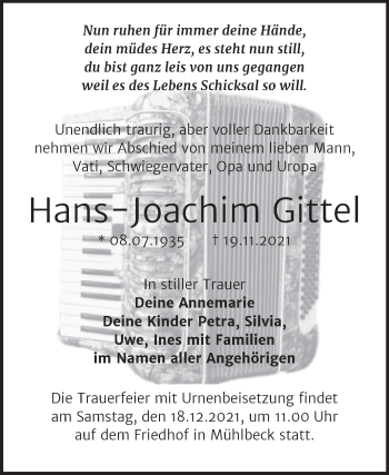 Traueranzeige von Hans-Joachim Gittel von Trauerkombi Bitterfeld