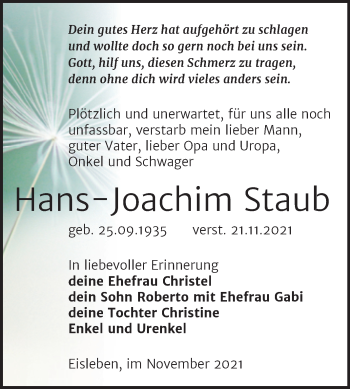 Traueranzeige von Hans-Joachim Staub von Trauerkombi Mansfelder Land