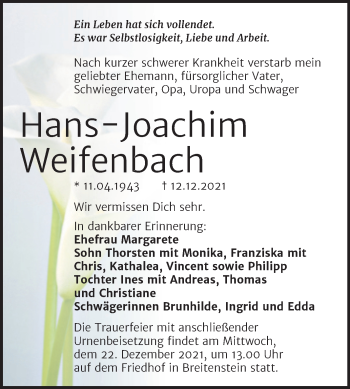 Traueranzeige von Hans-Joachim Weifenbach von Trauerkombi Sangerhausen