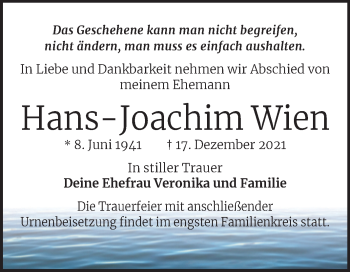 Traueranzeige von Hans-Joachim Wien von Mitteldeutsche Zeitung Halle/Saalkreis