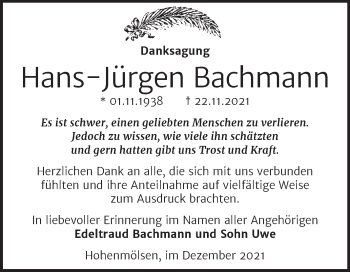 Traueranzeige von Hans-Jürgen Bachmann von Trauerkombi Weißenfels