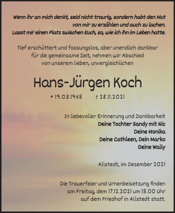 Traueranzeige von Hans-Jürgen Koch von Trauerkombi Sangerhausen