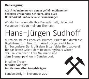 Traueranzeige von Hans-Jürgen Sudhoff von Trauerkombi Bitterfeld