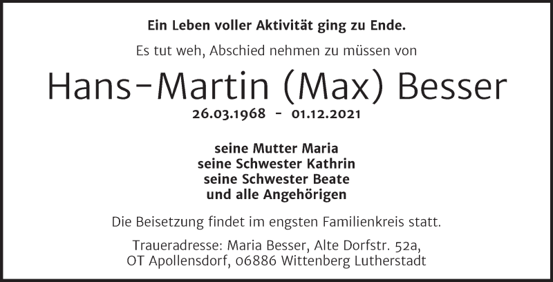  Traueranzeige für Hans-Martin  Besser vom 11.12.2021 aus Mitteldeutsche Zeitung Merseburg/Querfurt