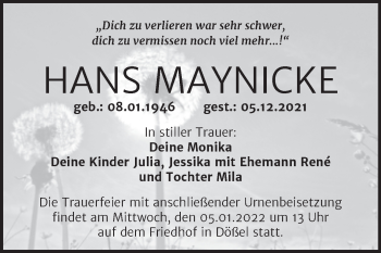 Traueranzeige von Hans Maynicke von Mitteldeutsche Zeitung Halle/Saalkreis