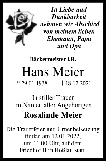 Traueranzeige von Hans Meier von Trauerkombi Dessau