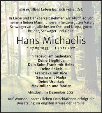 Traueranzeige von Hans Michaelis von Trauerkombi Mansfelder Land