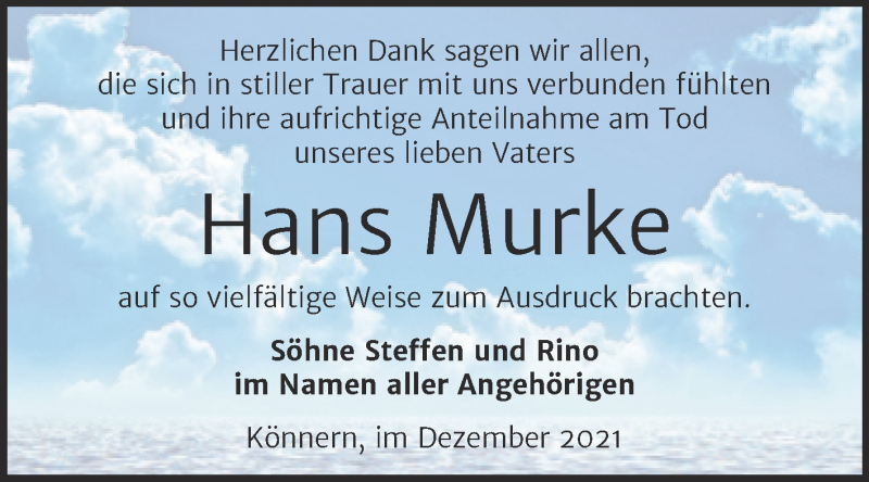  Traueranzeige für Hans Murke vom 11.12.2021 aus Trauerkombi Bernburg