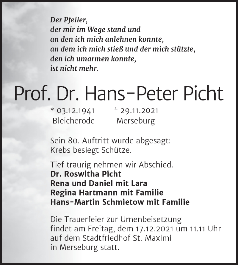  Traueranzeige für Hans-Peter Picht vom 10.12.2021 aus Trauerkombi Merseburg