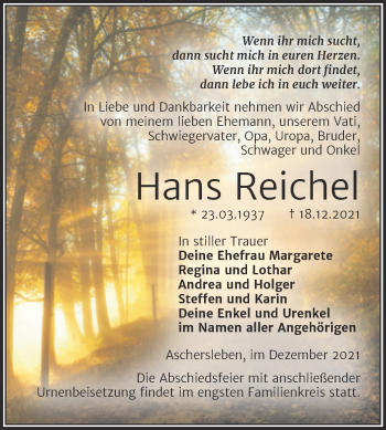 Traueranzeige von Hans Reichel von Trauerkombi Aschersleben