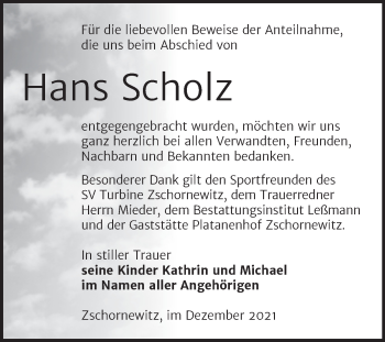Traueranzeige von Hans Scholz von Trauerkombi Wittenberg