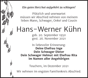 Traueranzeige von Hans-Werner Kühn von Trauerkombi Weißenfels