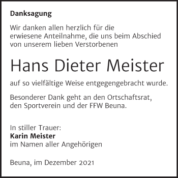 Traueranzeige von Hans Dieter Meister von Trauerkombi Merseburg