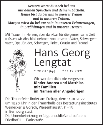 Traueranzeige von Hans Geoorg Lengtat von Trauerkombi Bernburg